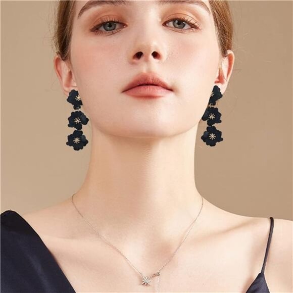 Jewelry - Black Matte Flower Dangle Earrings Tiered Floral‎ Drop Stud Chandelier Earrings